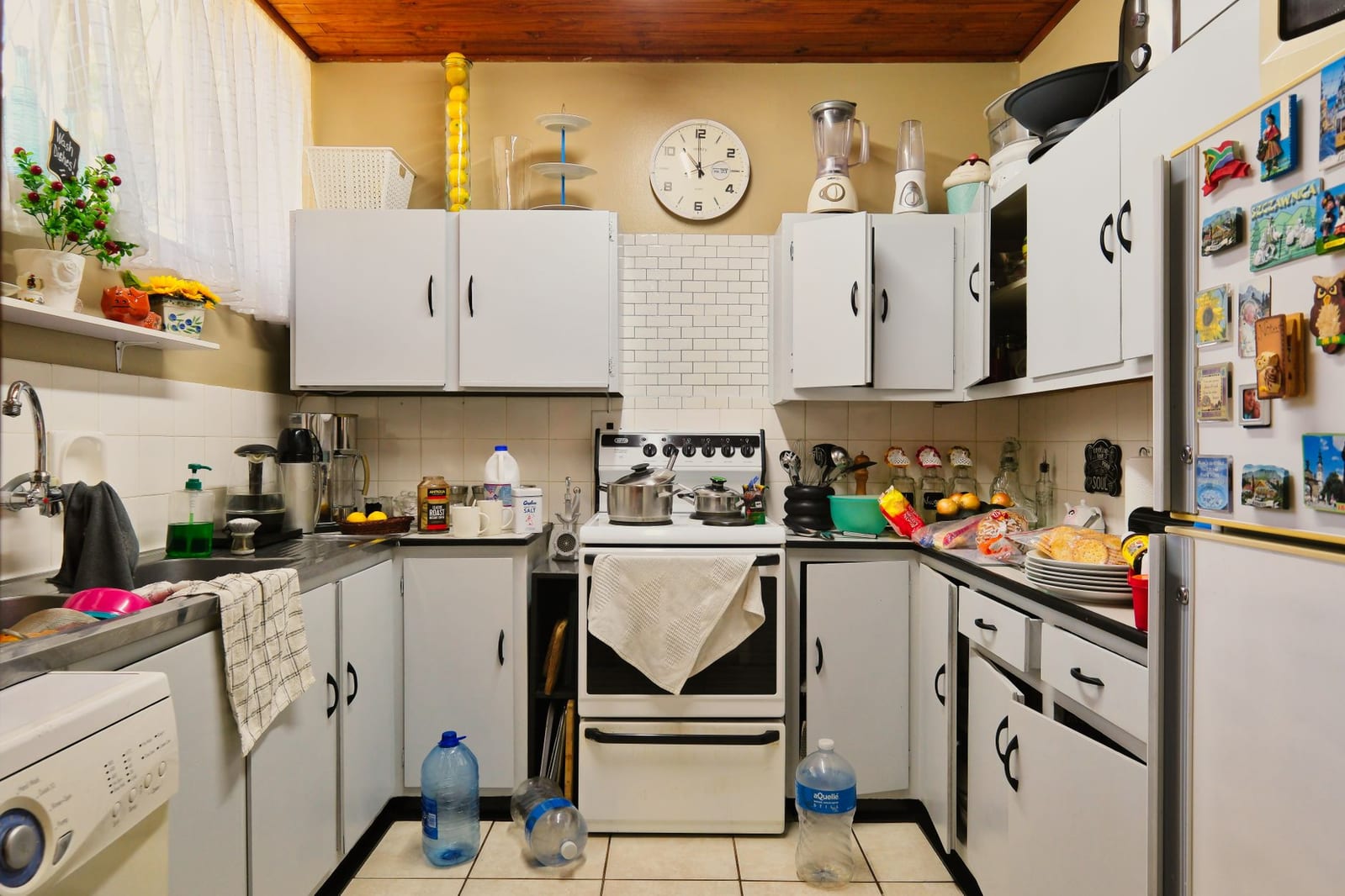 A cluttered, lived-in kitchen with crowded counters — representative of the food and clutter that draw roaches and rodents